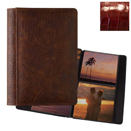 Raika #157 Handcrafted Top Grain Leather, 5x5" 2-up Post Bound Photo Album, Glazed Italian Crocodile Print on Top Grain Cowhide, Color: Nile Red