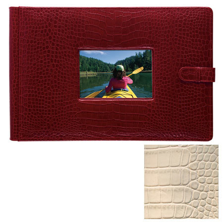 Raika #177 Handcrafted Top Grain Leather, 4-x6" 4-up Post Bound Photo Album, with Front Cover Window, Glazed Italian Crocodile Print on Top Grain Cowhide, 