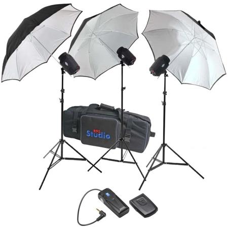 RPS Studio 480 watt, 3 Monolight Portable Strobe Kit, with PC Cords, 3 Umbrellas, Stands, Infrared Trigger &amp; Heavy Duty Nylon Case. image
