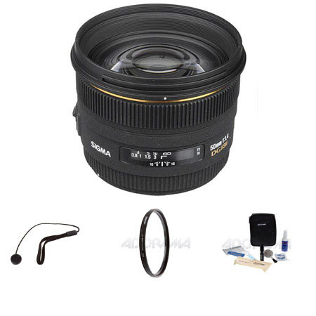Sigma 50mm f/1.4 EX DG HSM Auto Focus Lens Kit, for Maxxum & Sony Alpha Mount. (*Auto Focus only if body supports HSM) with Tiffen 77mm UV Filter, Lens Cap 