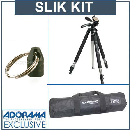 Slik Pro 330DX Tripod Black with 3-Way Pan/Tilt Quick Release Head Kit. with Adorama Deluxe Tripod Case, Tripod Hanger
