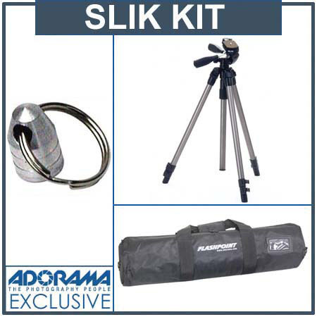 Slik Pro 330DX Tripod Silver with 3-Way Pan/Tilt Quick Release Head Kit. with Adorama Deluxe Tripod Case, Tripod Hanger
