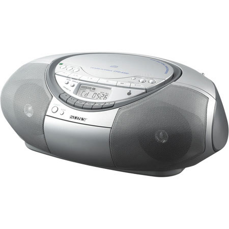 Sony CFD-S350 CD/Radio Cassette Portable Boombox, Digital AM/FM Tuner, CD-R/CD-RW Playback, 20 Track RMS Programming, Shuffle with Remote - Silver