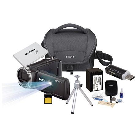 Sony HDR-PJ340 16GB Full HD Handycam Camcorder with Built-in Projector, Bundle With LowePro Carrying Case, 16 GB Cl10 Micro SDHC Memory Card, Spare NP-FV70 Battery, Cleaning Kit, Slinger Memory Card Case, Table Top Tripod, Card Reader,