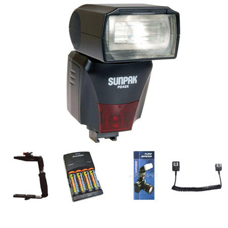 Sunpak PZ42XC Digital Flash for Canon E-TTL II, Black - Deluxe Outfit - with 4 NiMH Batteries, Charger, Flash Diffuser, Flashpoint Quick Flip Flash Bracket, Off
