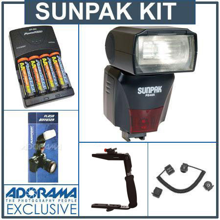Sunpak PZ42XN Digital Flash for Nikon I-TTL, Black - Deluxe Outfit - with 4 NiMH Batteries, Charger, Flash Diffuser, Flashpoint Quick Flip Flash Bracket, Off-Ca