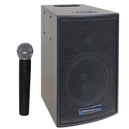 Technical Pro WASP500 8'' Rechargeable Battery Powered PA System with Wireless VHF Microphone, Black