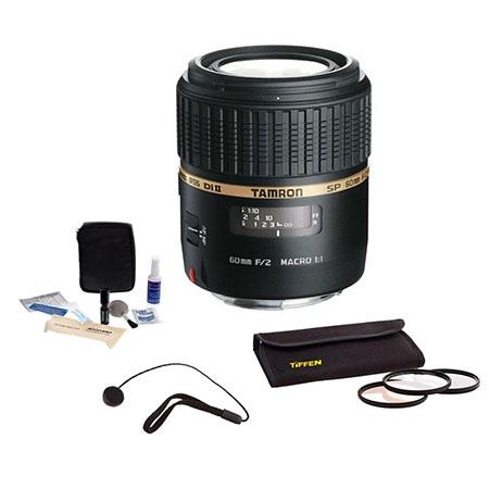 Tamron SP 60mm f/2 Di II 1:1 Macro AF Built-in Motor Lens Kit, for All Nikon Digital Cameras with Tiffen 55mm Photo Essentials Filter Kit, Lens Cap Leash, Professional Lens Cleaning Kit