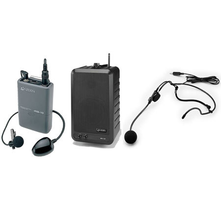 Azden APS 25-RS1 AC Powered 20 Watt Multi-Function 2-Way Speaker System, with installed IR Wireless Receiver, IRB-10 Transmitter, HS-12 Headset Mic & Sensor