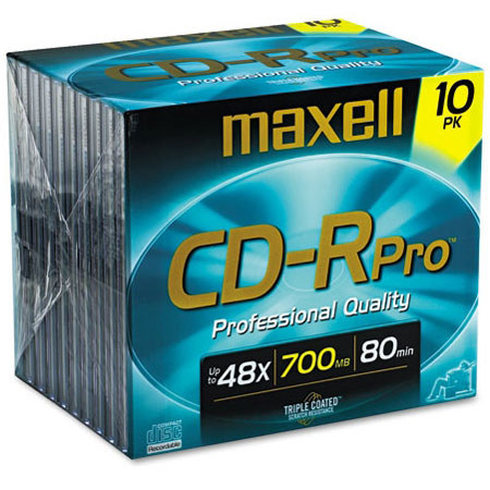 Maxell 700 MB CD-R Professional Scratch Resistant Compact Disc, Slim Jewel Case, Pack of 10