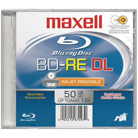Maxell BD-RE DL 50GB Printable White Inkjet Rewriteable Blu-Ray Disc, 1-2x Write Speed image