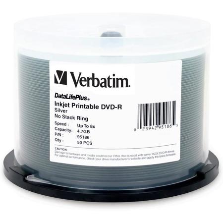 UPC 023942951865 product image for Verbatim DVD-R, 4.7 GB 8x DataLifePlus, Silver Inkjet Printable, Hub Logo, 50 Pa | upcitemdb.com