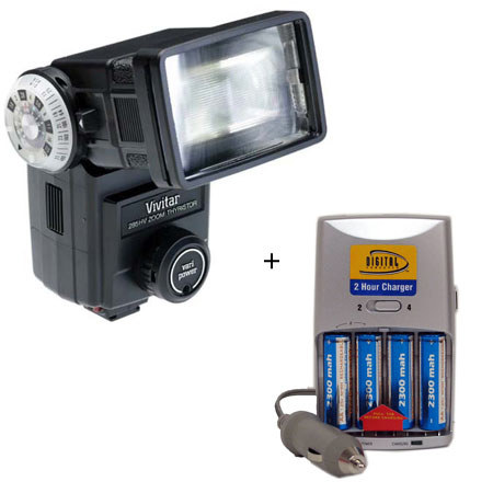 Vivitar 285HV Non-Dedicated Shoe Mount Flash Kit, with 4 AA Nickel Metal Hydride (NiMH) 2300 mAH Rechargeable Batteries with with 2-Hour AA &amp; AAA Quick Charger, 110/220 volt &amp; Car Charger image