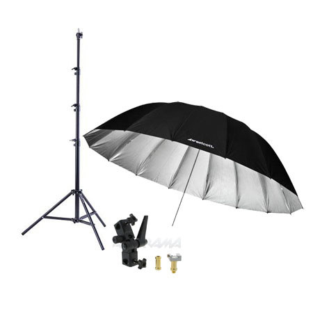Westcott 7 Feet Silver Parabolic Umbrella BUNDLE with Umbrella Bracket / Adjutsable Flash Mount - 8.5' Black Lightstand