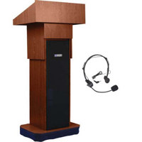 AmpliVox SW505A Wireless Executive Adjustable Height Sound Column Lectern with 50W Amplifier, Built-in Receiver, Wireless Headset Mic, Walnut