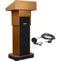 AmpliVox SW505A Wireless Executive Adjustable Height Sound Column Lectern with 50W Amplifier, Built-in Receiver, Wireless Lapel Mic, Medium Oak