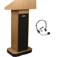 AmpliVox SW505 Wireless Executive Sound Column Lectern, 50W Multimedia Stereo Amplifier, Built-in Receiver, Wireless Headset Mic, Light Oak