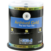 Delkin DVD-R Archival Gold with Inkjet Printable Face, 4.7 GB, 100 Pack with Cakebox Spindle