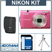 Nikon Coolpix S5100 Digital Camera Kit - Pink - with 4GB SD Memory Card, Camera Case, Table Top Tripod