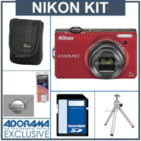 Nikon Coolpix S6000 Digital Camera, - Red - with 8GB SD Memory Card, Camera Case, Table Top Tripod , Spare EN EL-12 Lithium-Ion Battery, 2 Year Extended Service