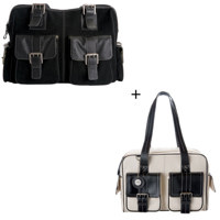 Jill.e Combo Weatherproof Large Black Rolling Camera Bag, (Leather & Black Suede) and Weatherproof Medium Bone Leather Camera Bag (Black Leather Trim)