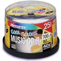 Memorex Music Disk, Cool Color Music CD-R, 80 min. (40x) Branded, 25 Pack with Spindle