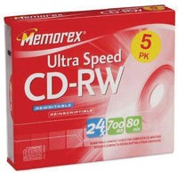 Memorex Disk CD-RW 80 min. Ultra Speed (16-24x) Branded with Jewel Case, 5 Pack