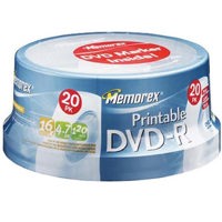 Memorex Disk Inkjet Printable DVD-R, 4.7GB 16x with DVD Marker, Spindle, 20 Pack