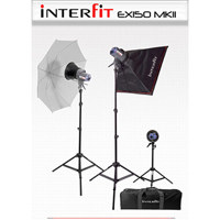Interfit Photographic EX150 MKII Kit with Three 150 watt Second Monolight Flashes, with Umbrella, Softbox, Bulbs and Stands image