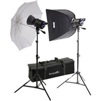 Interfit Photographic INT187 Stellar X 500 Watt Tungsten Photo Flood Twin Head Kit, with Softbox, Umbrella, Stands & Lamps, 3200k Color Temperature