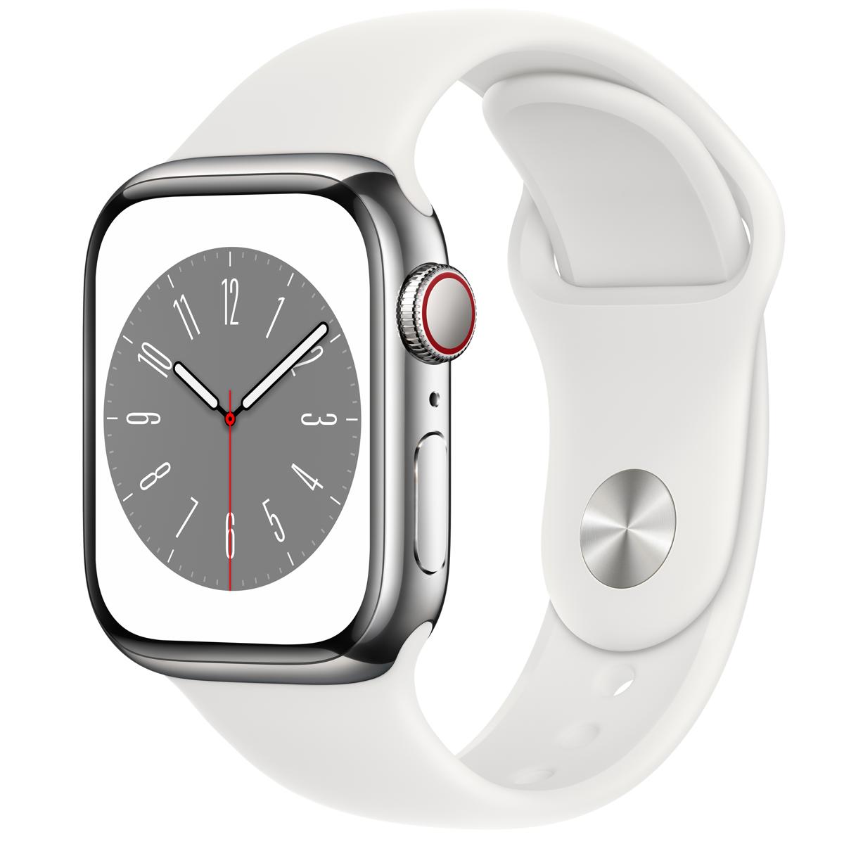 Apple Watch Series 8 GPS + Cellular, 41mm Silver SS Case w/White Sport Band, M/L
Apple Watch Series 8 GPS + Cellular, 41mm Silver SS Case w/White Sport Band, M/L
