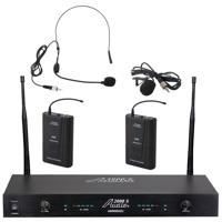 

Audio 2000s AWM6002U Professional Dual-Channel UHF Wireless Headset & Lavalier Microphone System, Includes AWM6002U Receiver, 2x Body-Pack Transmitter, AWX6070B-H Headset Microphone, AWX6070B-M Lavalier Microphone