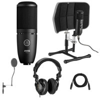 

AKG Acoustics Project Studio P120 Medium Diaphragm Cardioid Microphone,Black - Bundle With Desktop Isolation Filter (Gray), H&A Studio Monitor Headphones, 15' XLR M to XLR F Mic Cable, On-Stage Pop Blocker