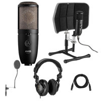 

AKG Acoustics P420 Large Diaphragm Dual-Capsule True Condenser Microphone - Bundle With Desktop Isolation Filter (Gray), H&A Studio Monitor Headphones, 15' XLR M to XLR F Mic Cable, On-Stage Pop Blocker