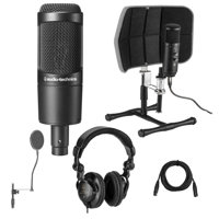 

Audio-Technica AT2035 Cardioid Condenser Side-Address Microphone, - Bundle With Desktop Isolation Filter (Gray), H&A Studio Monitor Headphones, 15' XLR M to XLR F Mic Cable, On-Stage Pop Blocker