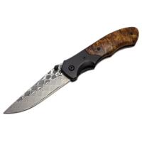 

BucknBear Army Linerlock Folding Pocket Knife with 3.12" Damascus Drop Point Blade and Burl Handle