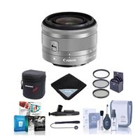 Canon EF-M 15-45mm f/3.5-6.3 IS STM Lens, Silver - BUNDLE with 49mm Filter Kit, Soft Lens Case, Cleaning Kit, Lens Wrap (15x15),