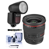 

Canon EF 24mm f/1.4L II USM Lens - With Flashpoint Zoom Li-on X R2 TTL On-Camera Round Flash Speedlight For Canon, Cleaning Kit, Capleash, Lens Cleaner