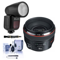 

Canon EF 50mm f/1.2L USM Lens - With Flashpoint Zoom Li-on X R2 TTL On-Camera Round Flash Speedlight For Canon, Cleaning Kit, Capleash, Lens Cleaner