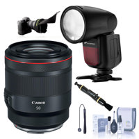 

Canon RF 50mm f/1.2 L USM Lens - Bundle With Flashpoint Zoom Li-on X R2 TTL On-Camera Round Flash Speedlight For Canon, Flex Lens Shade, Cleaning Kit, Lens Cleaner, Capleash