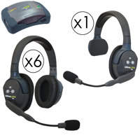 

Eartec HUB716 HUB 7 Person Full Duplex Wireless Intercom with 1x UltraLITE Single-Ear and 6x Double-Ear Remote Headset, 8x Batteries, 8-Bay Charger and Softside Case