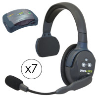 

Eartec HUB7S HUB 7 Person Full Duplex Wireless Intercom with 7x UltraLITE Single-Ear Remote Headset, 8x Batteries, 8-Bay Charger and Softside Case