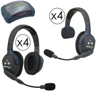 

Eartec HUB844 HUB 8 Person Full Duplex Wireless Intercom with 4x UltraLITE Single-Ear and 4x Double-Ear Remote Headset, 9x Batteries, 8-Bay Charger and Softside Case