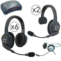 

Eartec HUB926MON HUB 9 Person Full Duplex Wireless Intercom with 2x UltraLITE Single-Ear and 6x Double-Ear Remote Headset, 1x Plug-In Monarch Headset, 9x Batteries, 8-Bay Charger and Softside Case