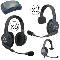 

Eartec HUB926MXS HUB 9 Person Full Duplex Wireless Intercom with 2x UltraLITE Single-Ear and 6x Double-Ear Remote Headset, 1x Plug-In Max4G Single Headset, 9x Batteries, 8-Bay Charger and Softside Case