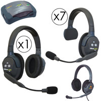 

Eartec HUB971MXD HUB 9 Person Full Duplex Wireless Intercom with 7x UltraLITE Single-Ear and 1x Double-Ear Remote Headset, 1x Plug-In Max4G Double Headset, 9x Batteries, 8-Bay Charger and Softside Case