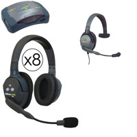 

Eartec HUB9DMXS HUB 9 Person Full Duplex Wireless Intercom with 8x UltraLITE Double-Ear Remote Headset, 1x Plug-In Max4G Single Headset, 9x Batteries, 8-Bay Charger and Softside Case
