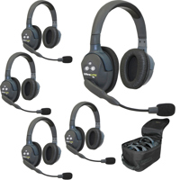 

Eartec UL5D UltraLITE 5 Person Full Duplex Wireless Intercom System with 1x Dual-Ear Master Headset, 4x Dual-Ear Remote Headset, 5x Batteries, 8-Bay Charger and Softside Case