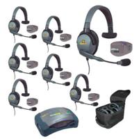 

Eartec UPMX4GS7 7-Person HUB Intercom System with 7x UltraPAK Remote Beltpack Transceiver, 7x Max4G Single Headset, 8x Batteries, 8-Bay Charger and Softside Case