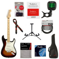 

Fender Player Stratocaster Electric Guitar, 22 Frets, Modern "C" Shape and Maple Neck, Maple Fingerboard, Gloss Polyester, 3-Color Sunburst - With 9 Pack Accessory Bundle